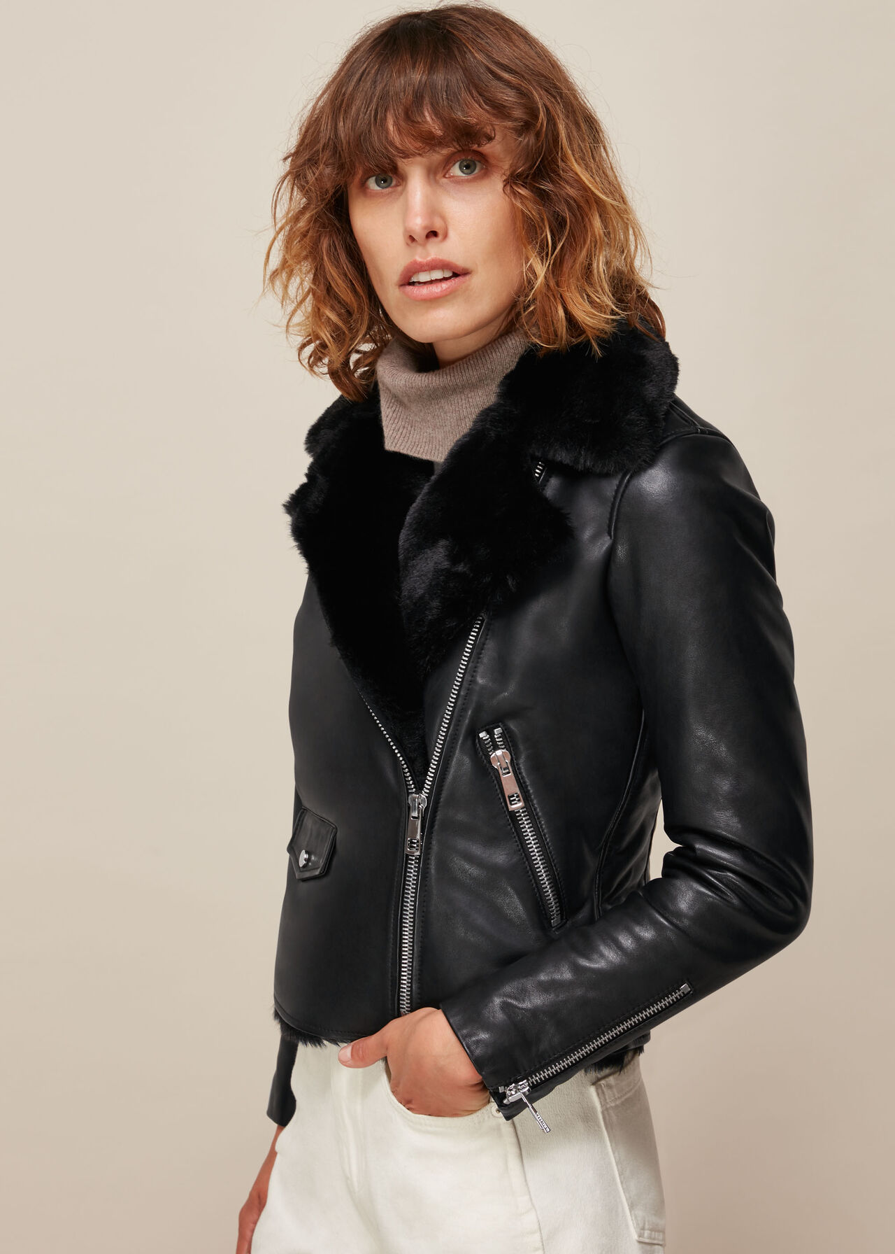 Black Faux Fur Lined Agnes Biker, WHISTLES