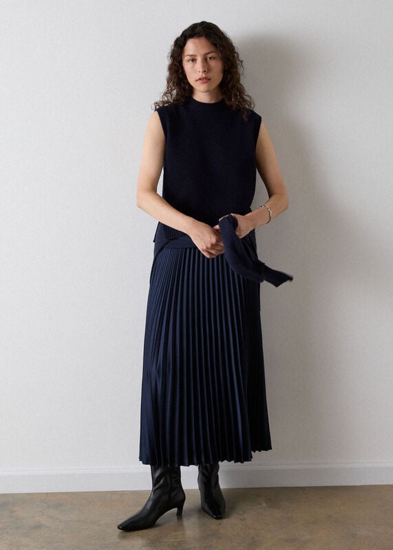 Navy Satin Pleated Midi Skirt
