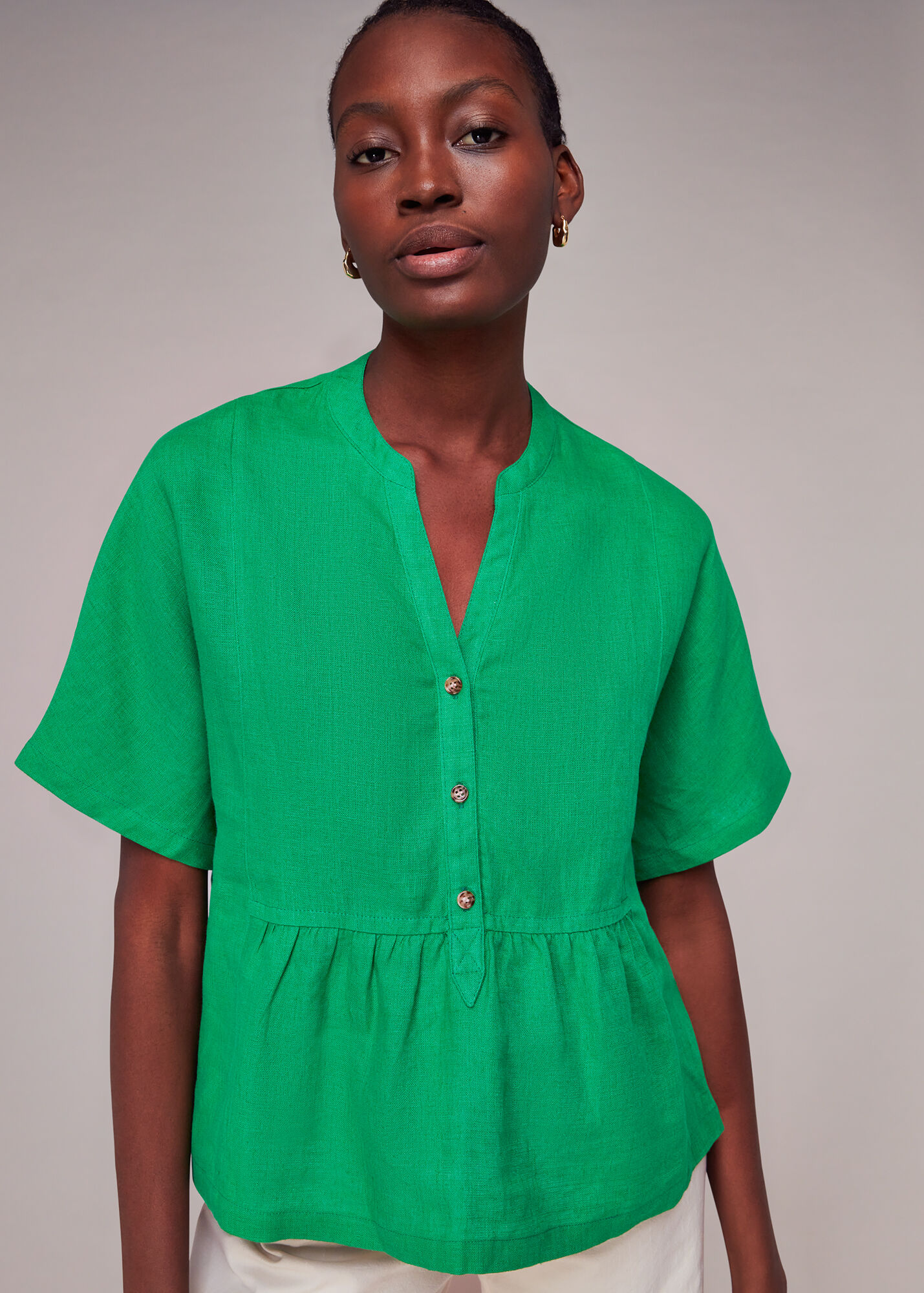Green Hannah Linen Peplum Blouse WHISTLES Whistles UK