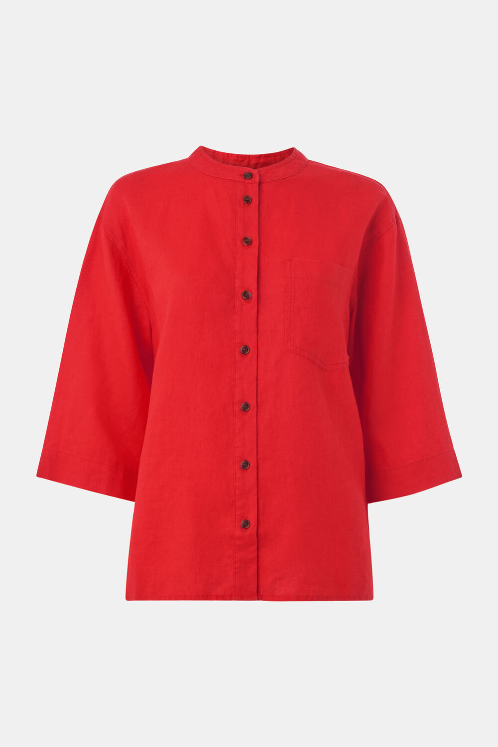 Red Linen Grandad Collar Shirt