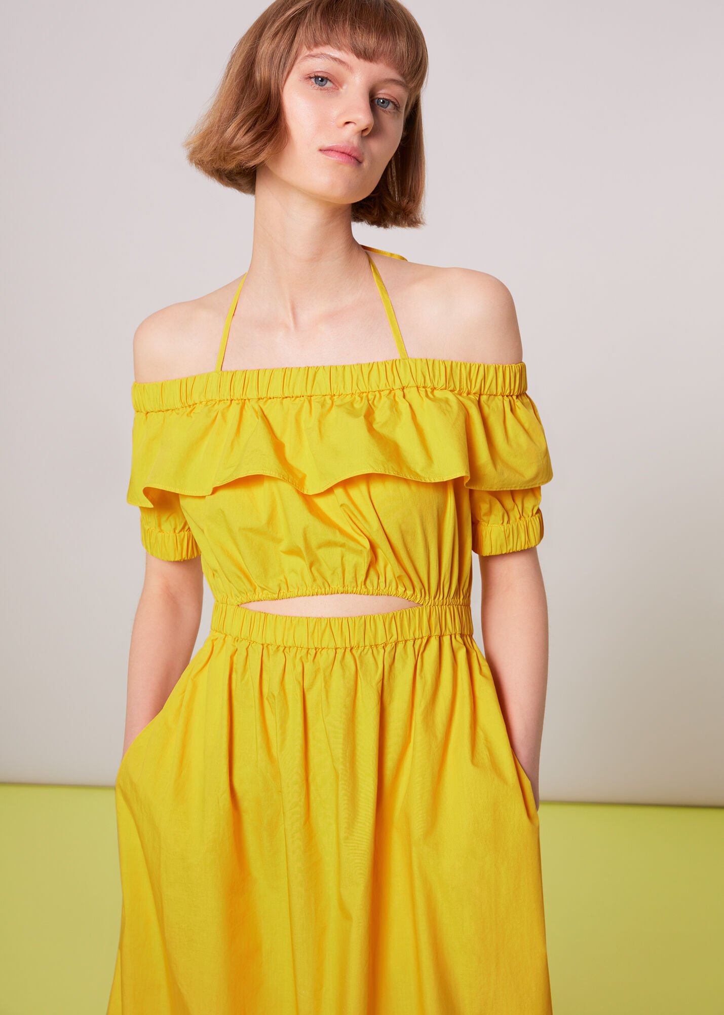 whistles serena poplin bardot dress yellow
