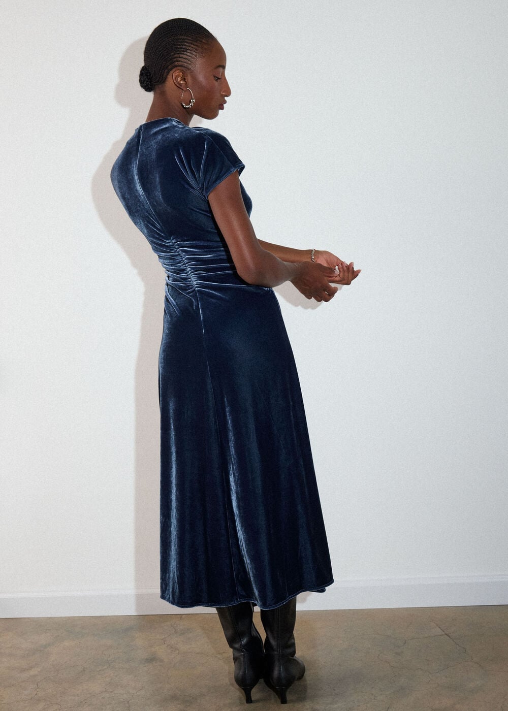 Navy Velvet Ruched Midi Dress
