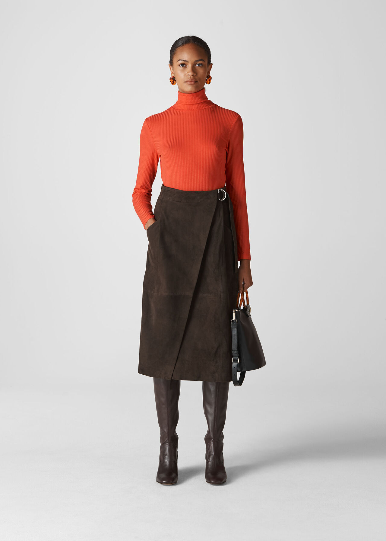 Chocolate Suede Wrap Midi Skirt | WHISTLES