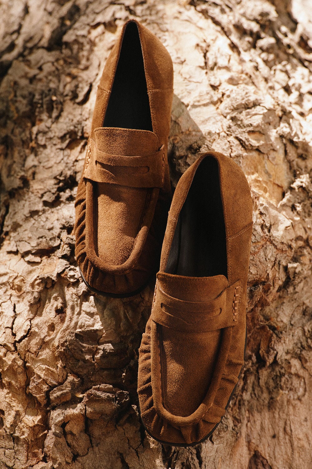 Tan Soft Suede Ruched Loafer