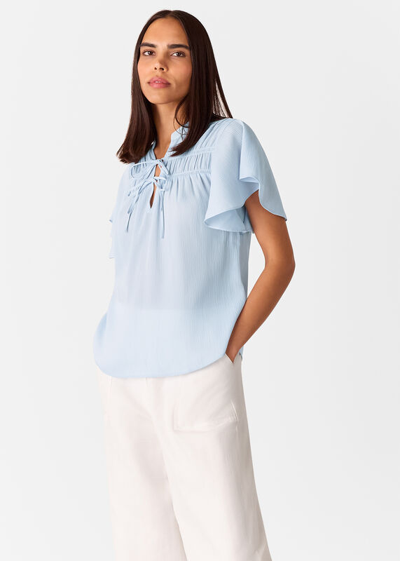 Pale Blue Frill Sleeve Tie Front Blouse