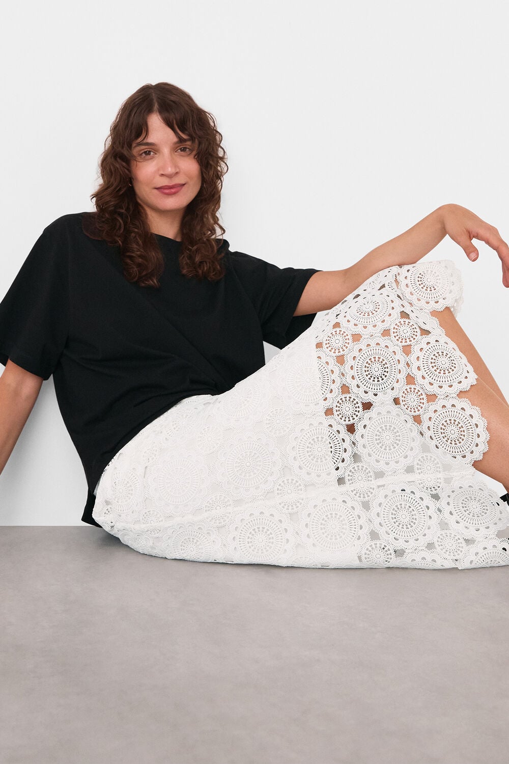 White Lace Column Midi Skirt