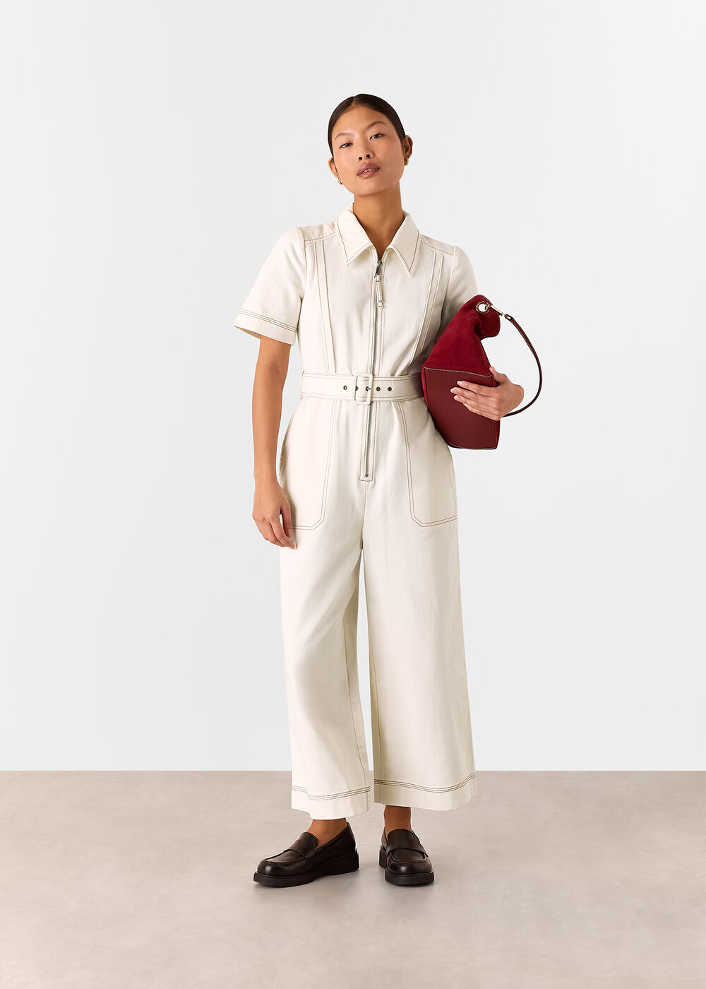 Petite Denim Pintuck Belted Jumpsuit