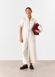 Petite Denim Pintuck Belted Jumpsuit