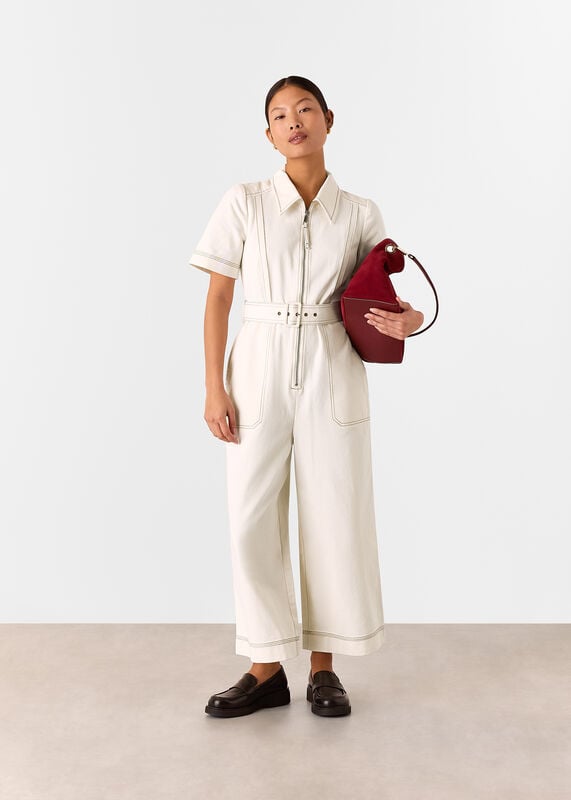 Petite Denim Pintuck Belted Jumpsuit