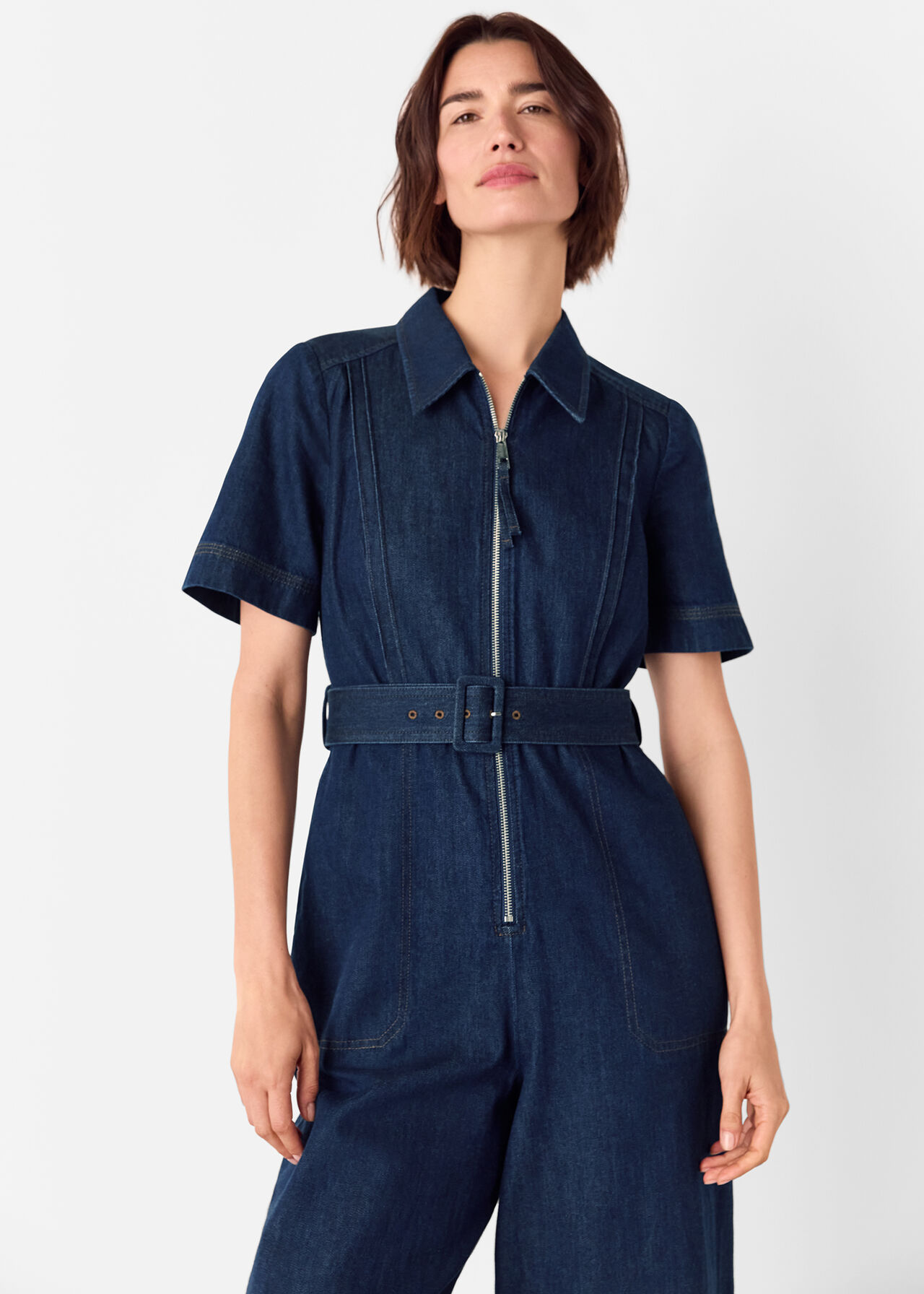 Denim Pintuck Belted Jumpsuit