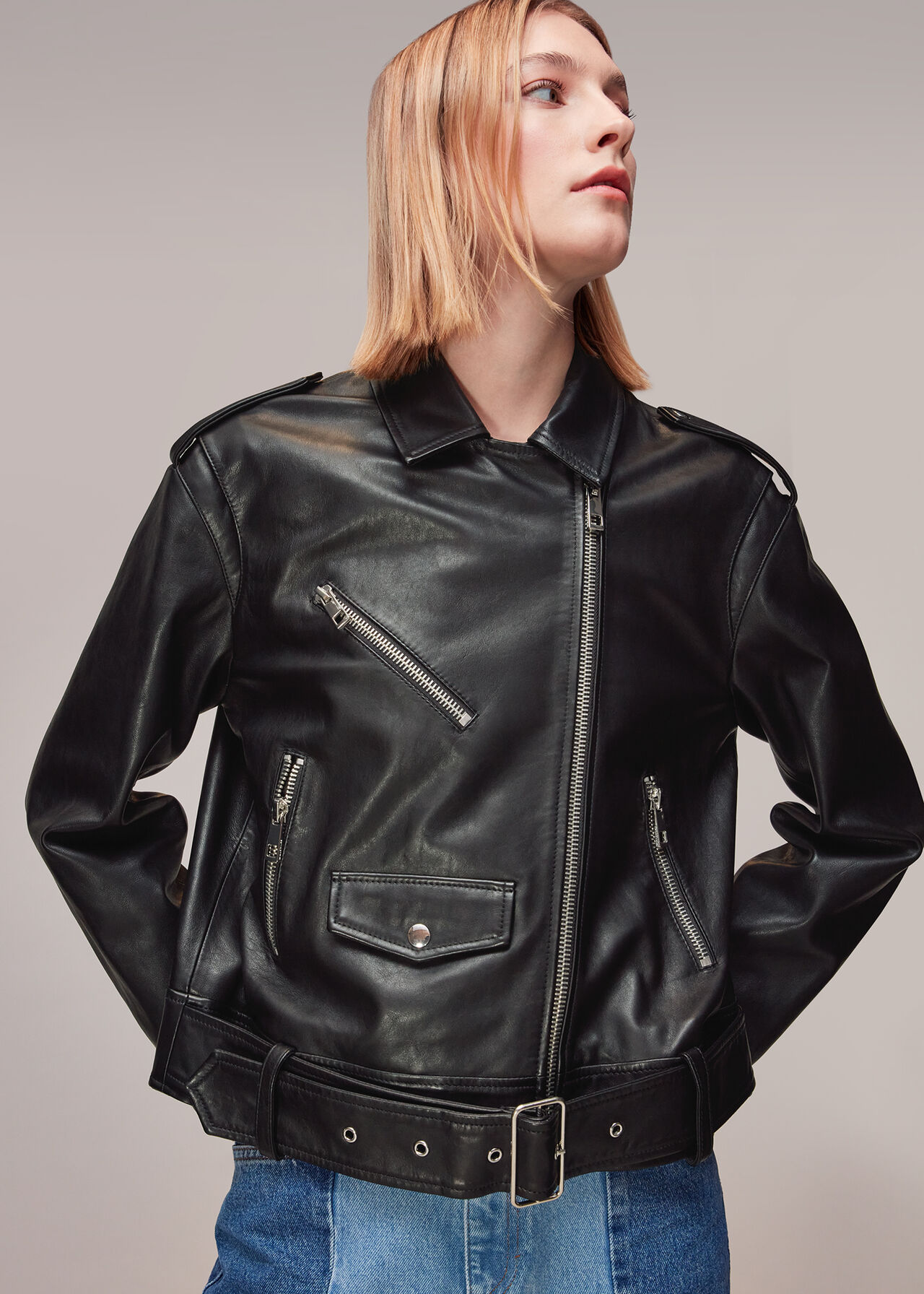 Black Sophia Oversized Leather Biker | WHISTLES