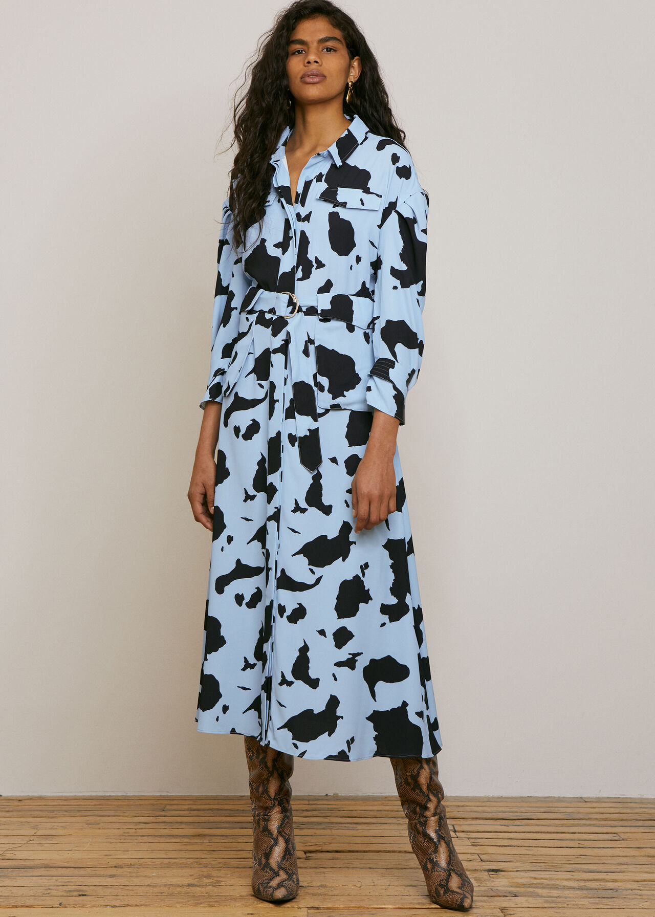 Cow Print Military Dress Blue/Multi