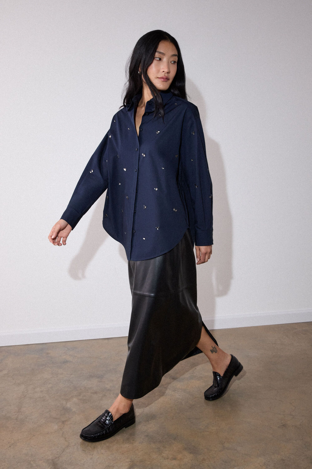 Navy Jewelled Cotton Poplin Shirt