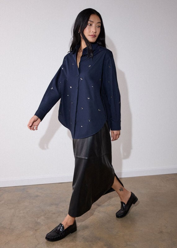 Navy Jewelled Cotton Poplin Shirt