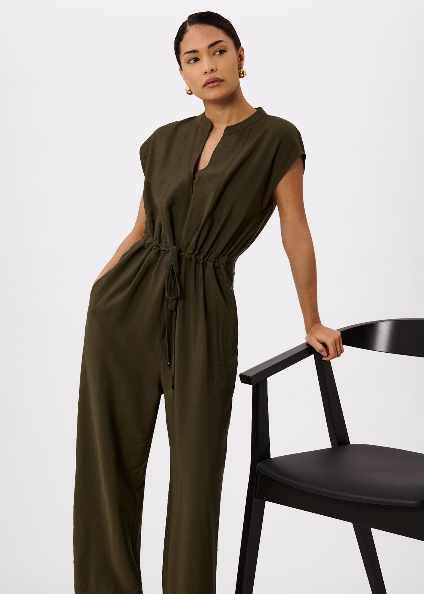 Khaki Sleeveless Drawstring Jumpsuit | WHISTLES | Whistles US |