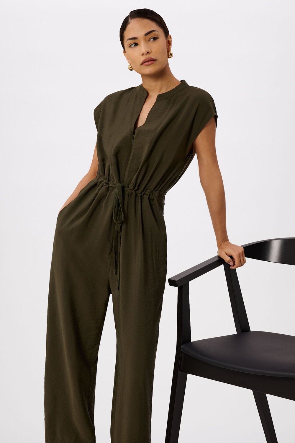 Khaki Petite Sleeveless Drawstring Jumpsuit