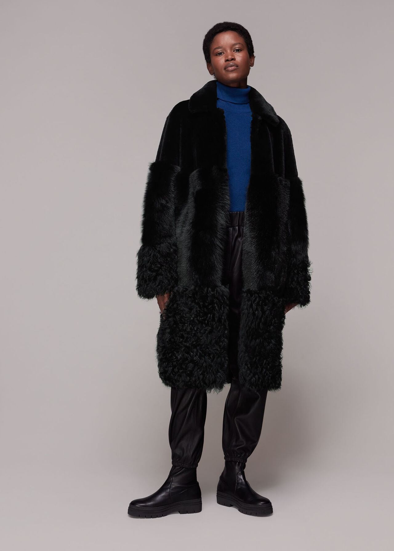 Black Cossma Shearling Longline Coat | WHISTLES | Whistles UK