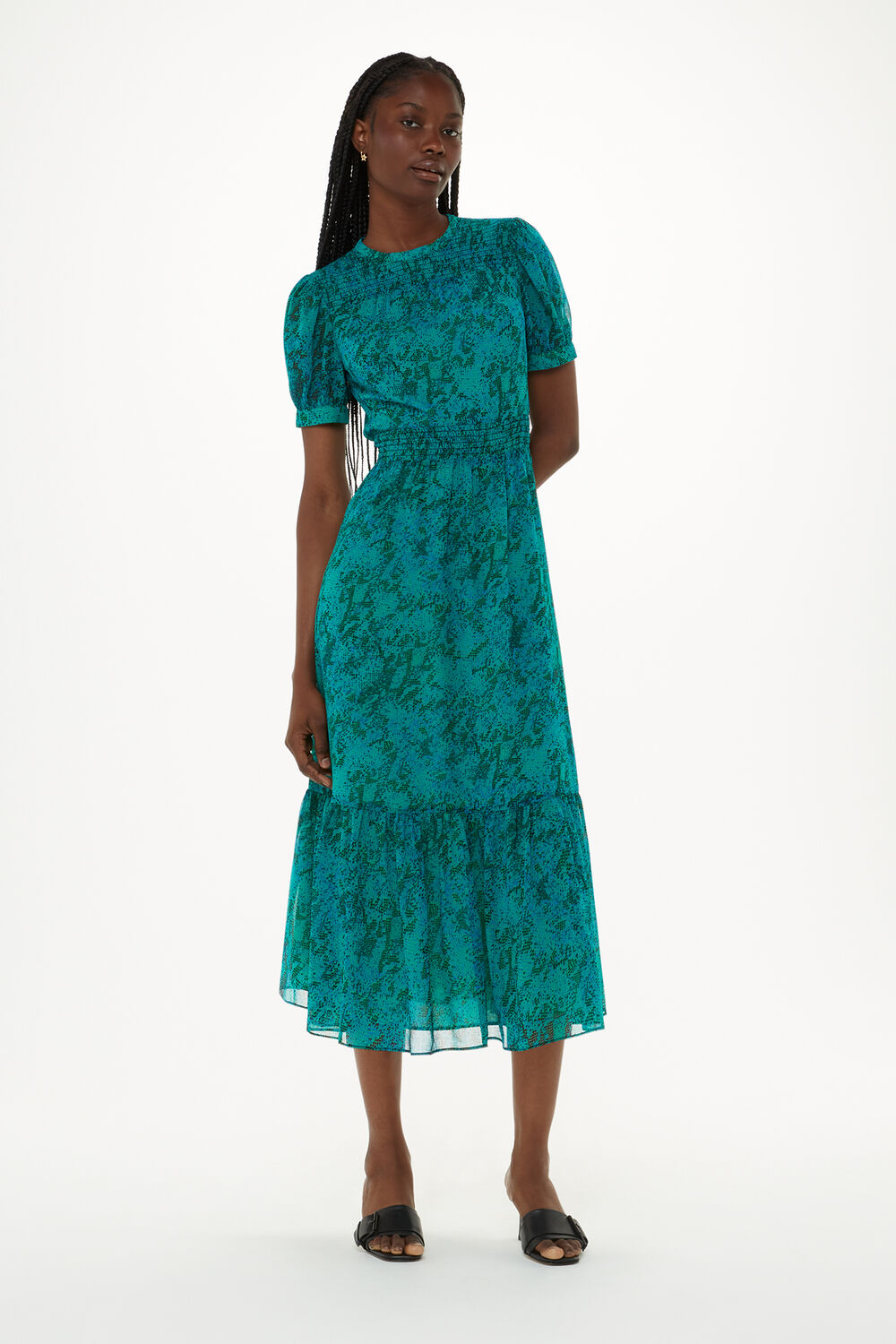 Teal Diagonal Snake Shirred Dress