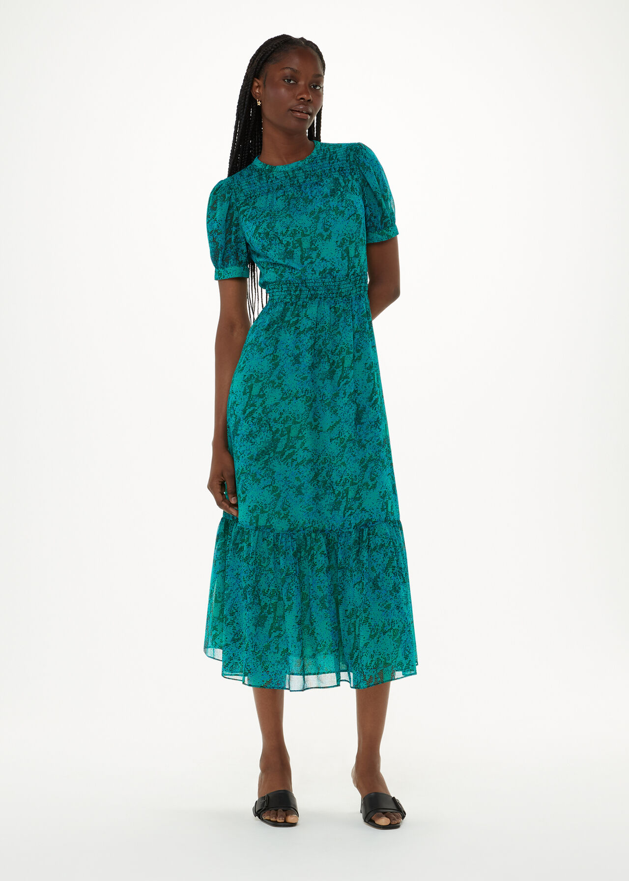 Teal/Multi Diagonal Snake Shirred Dress | WHISTLES | Whistles UK