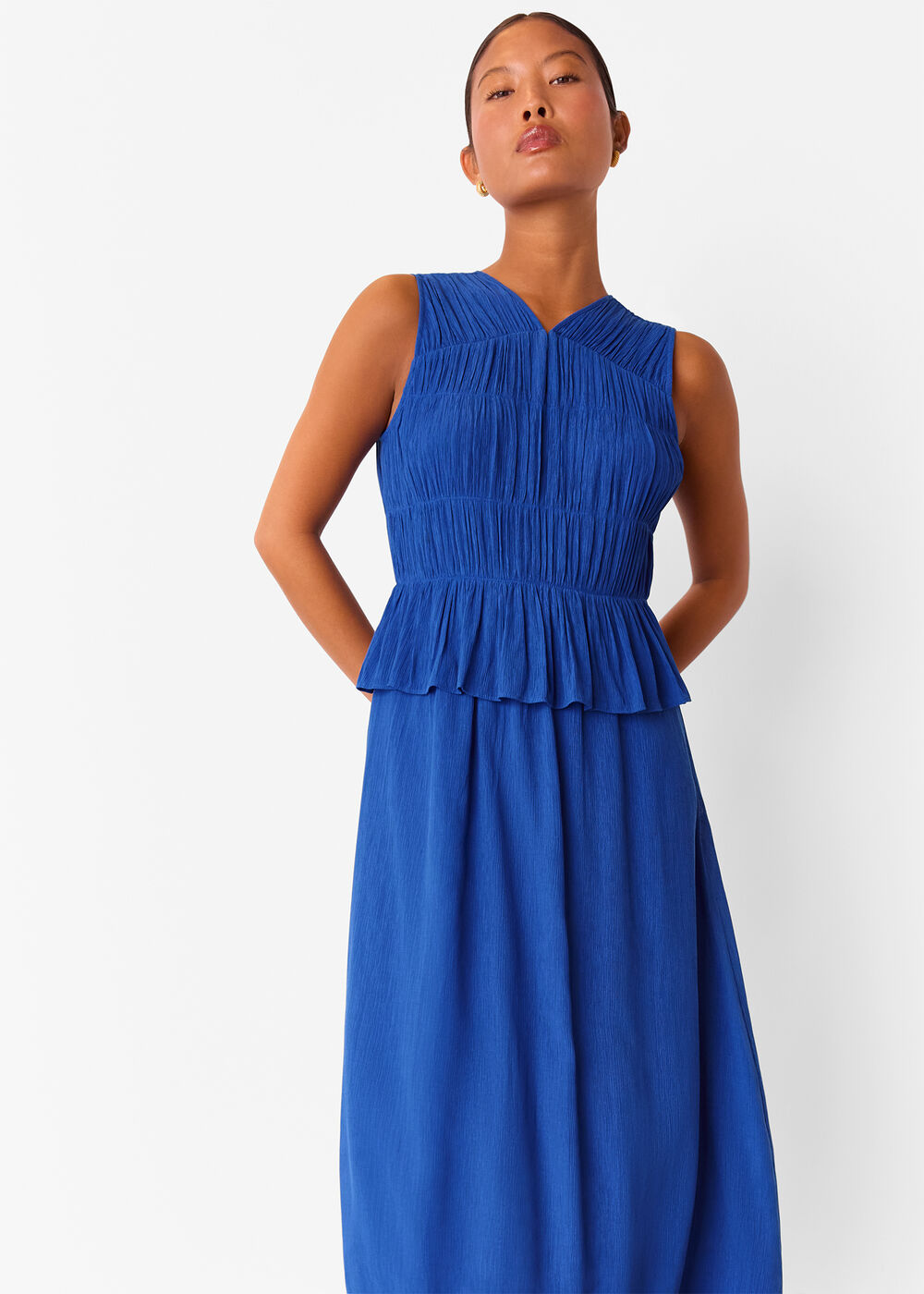 Petite Shirred V Neck Midi Dress