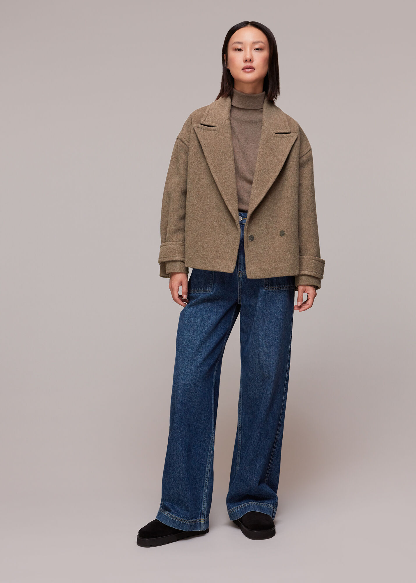 Oatmeal Relaxed Cropped Wool Coat | WHISTLES |
