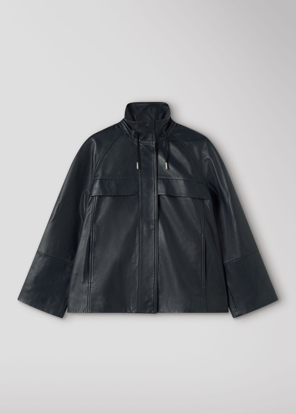 Navy Leather Funnel Neck Anorak