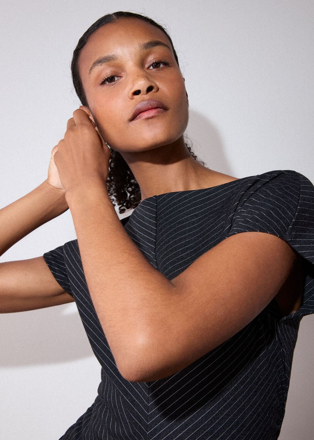 Black Pinstripe Jersey Midi Dress