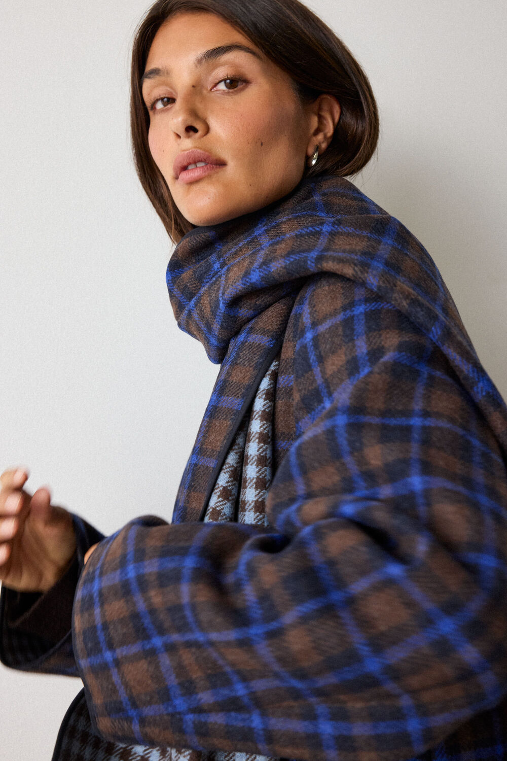 Navy Check Scarf Coat