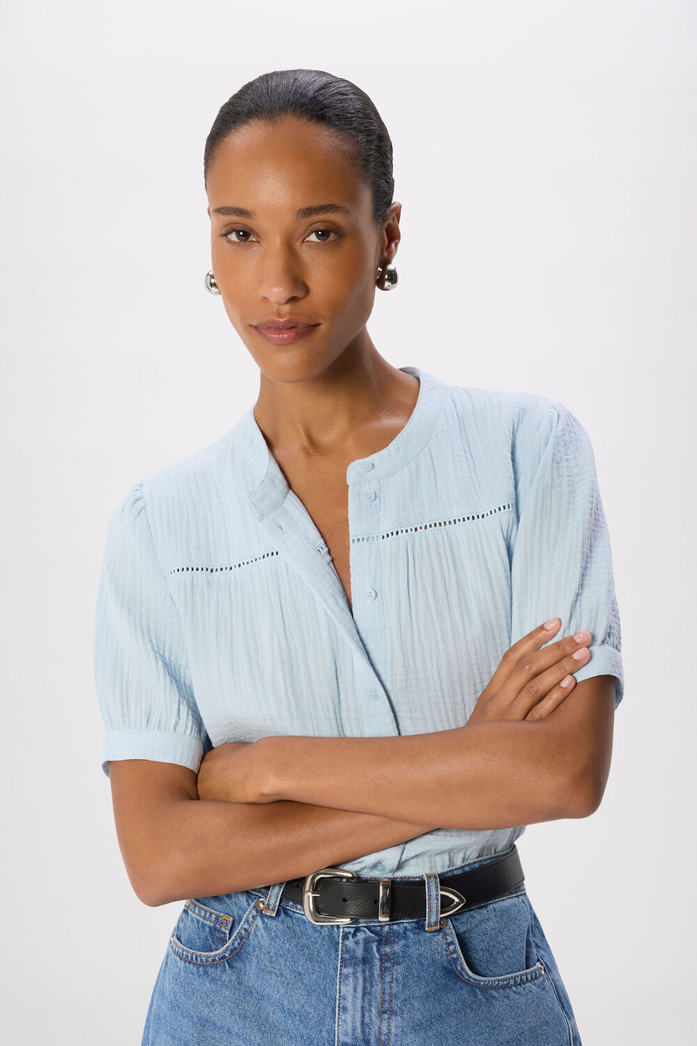 Pale Blue Textured Cotton Frill Top