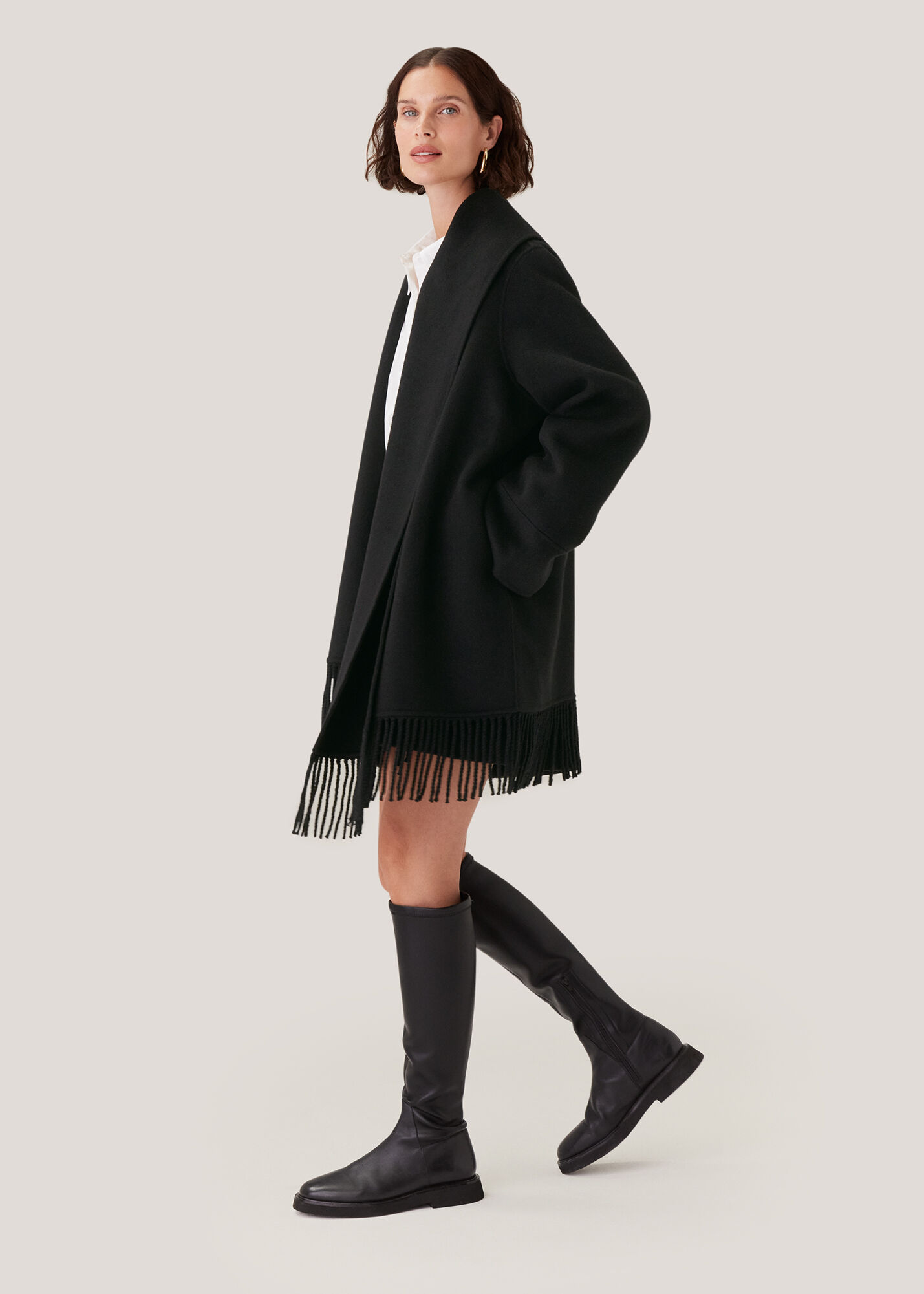 Black Double Face Wool Fringe Coat | WHISTLES | Whistles US |