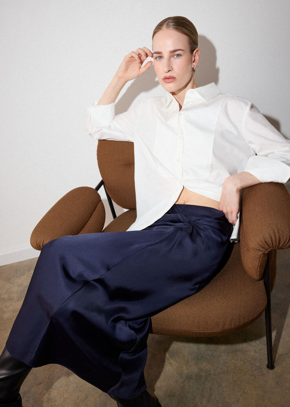 Navy Satin Twist Side Midi Skirt