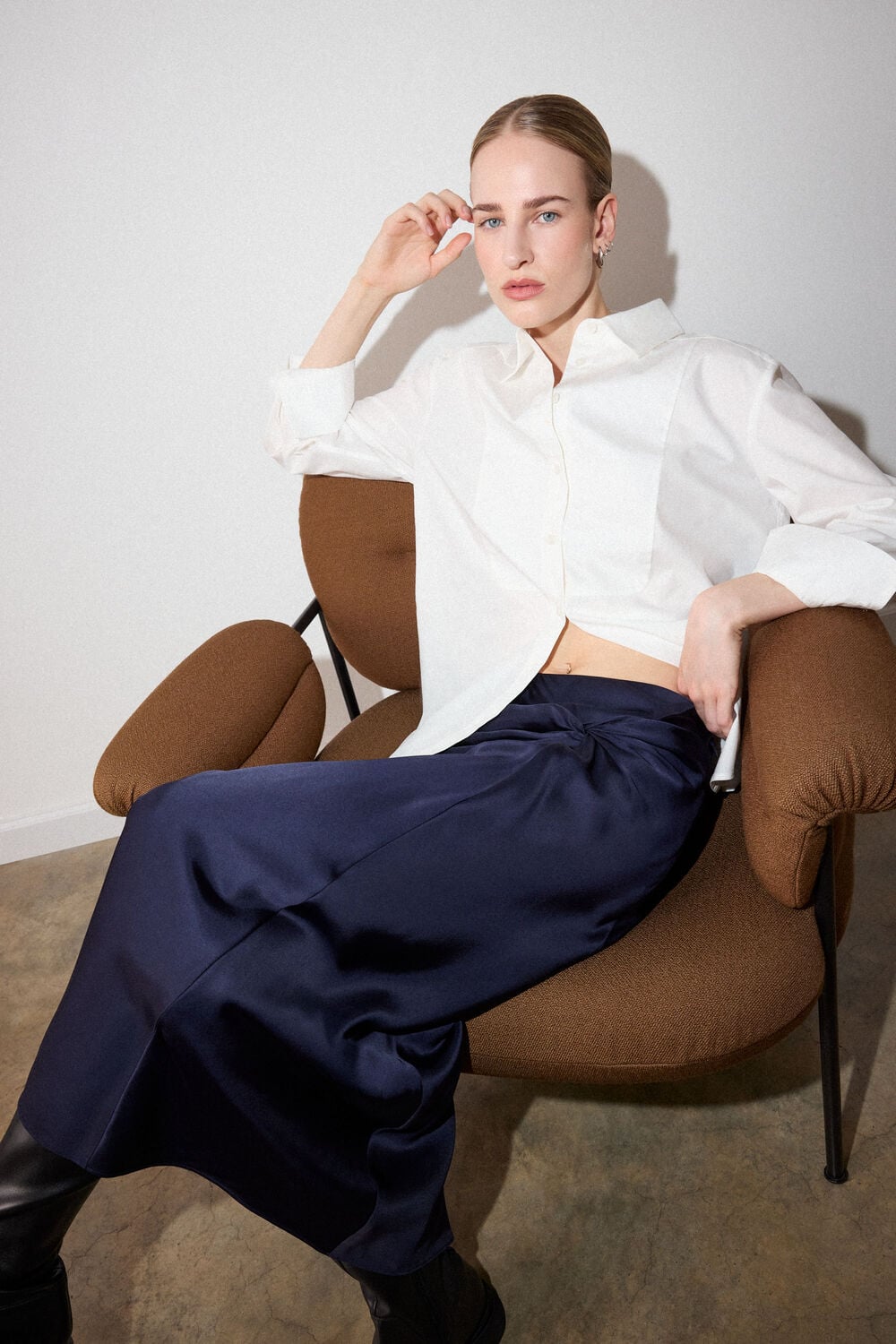Navy Satin Twist Side Midi Skirt