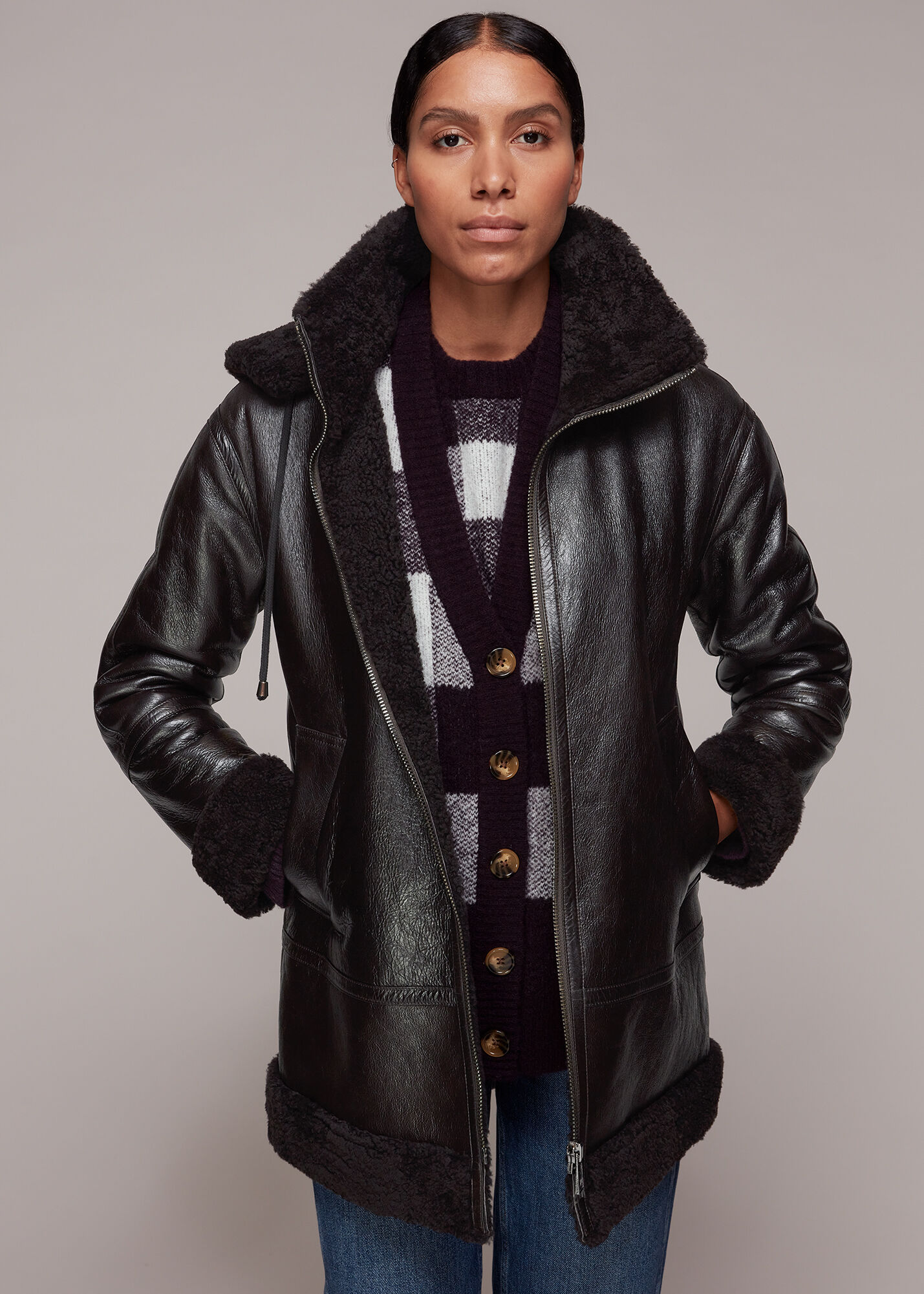 Brown Shearling Hooded Biker WHISTLES