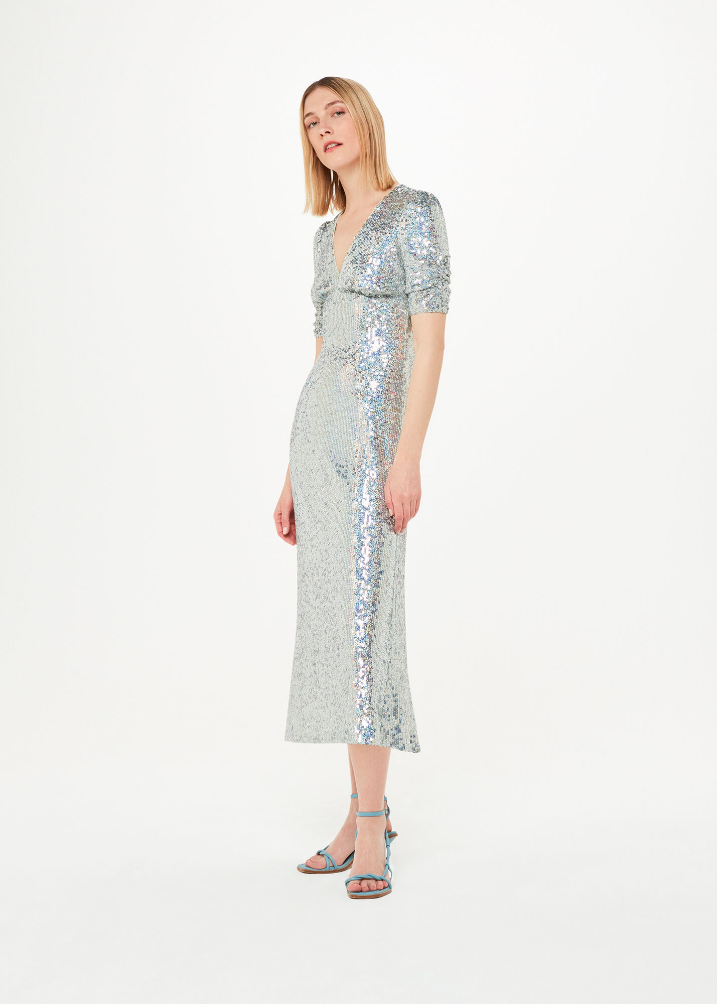 Silver Sequin V Neck Midi Dress With Puff Sleeves Whistles