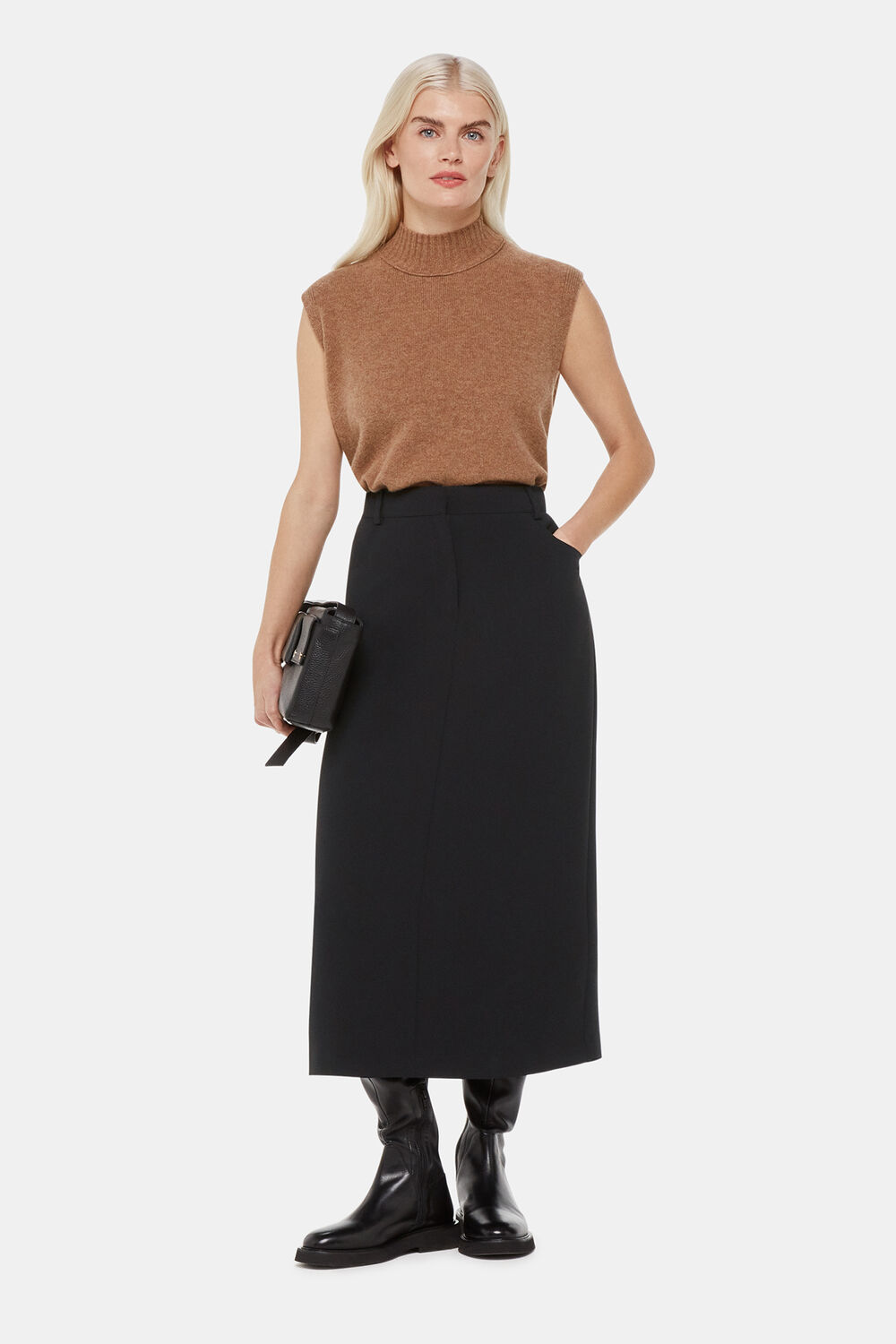 Black Petite Abigail Tailored Midi Skirt