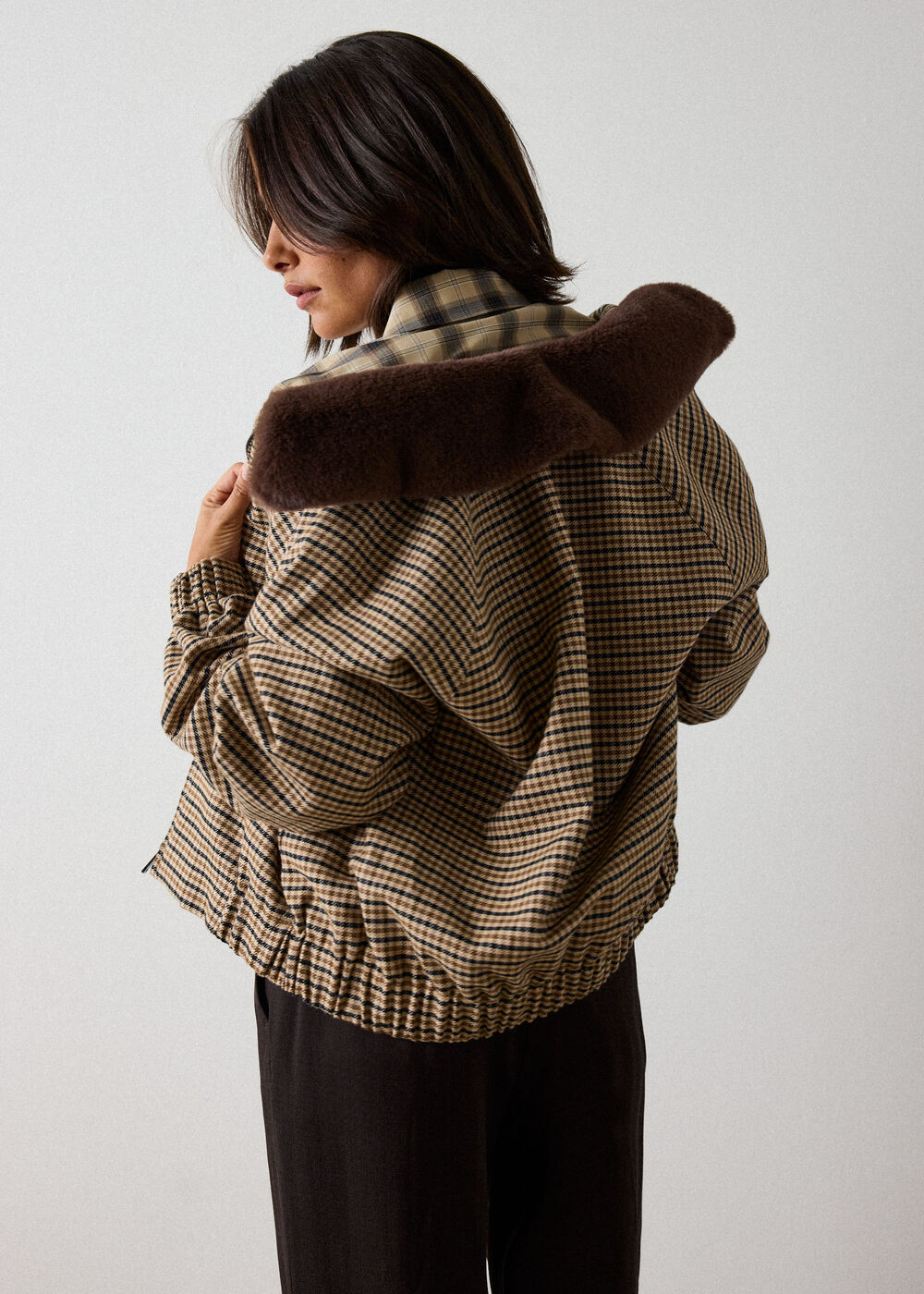 Brown Faux Fur Collar Check Bomber
