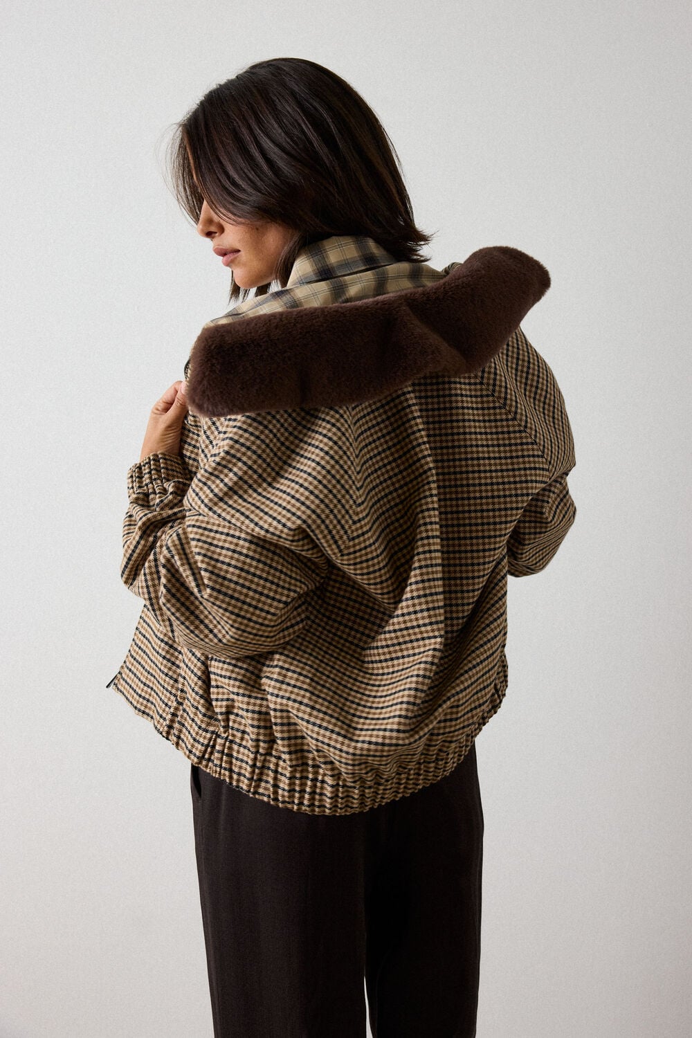 Brown Faux Fur Collar Check Bomber