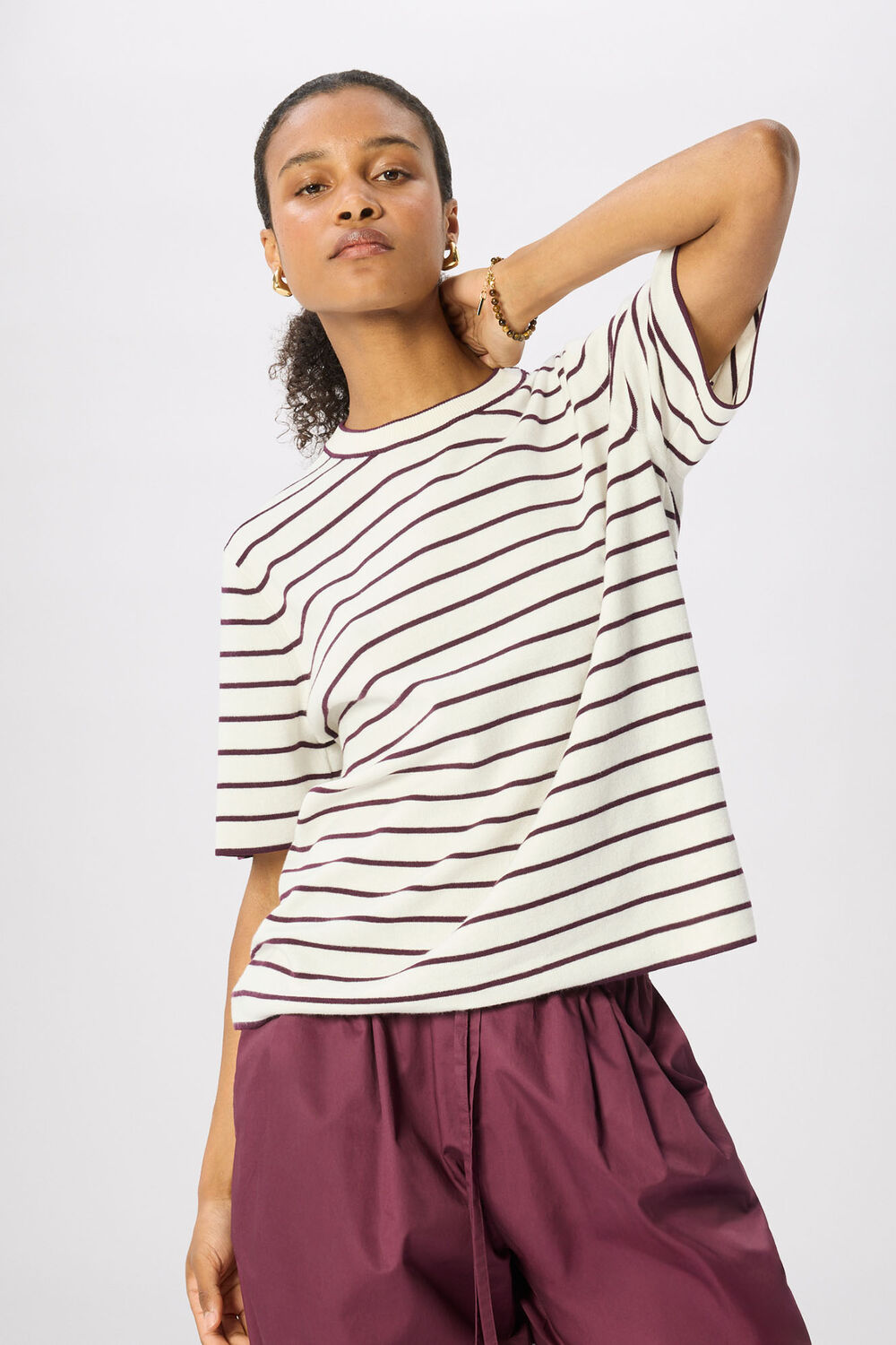 Burgundy Fine Knit Stripe T-Shirt