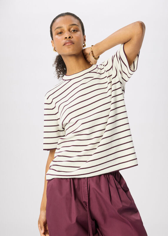 Burgundy Fine Knit Stripe T-Shirt