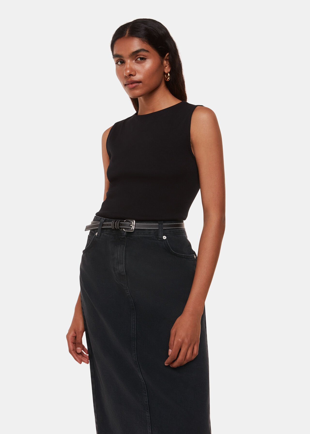 Petite Straight Denim Midi Skirt