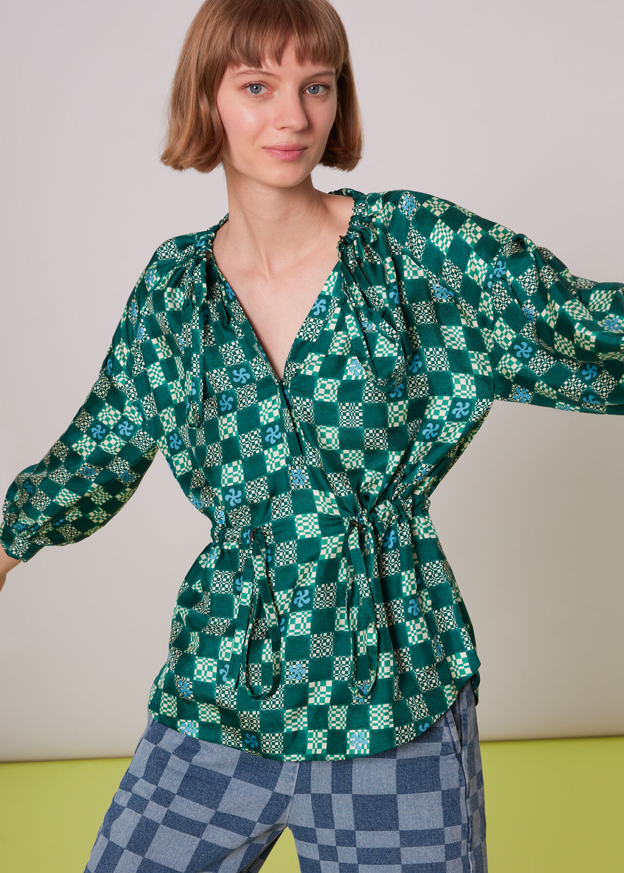 Green/Multi Silk Checkerboard Top | WHISTLES | Whistles