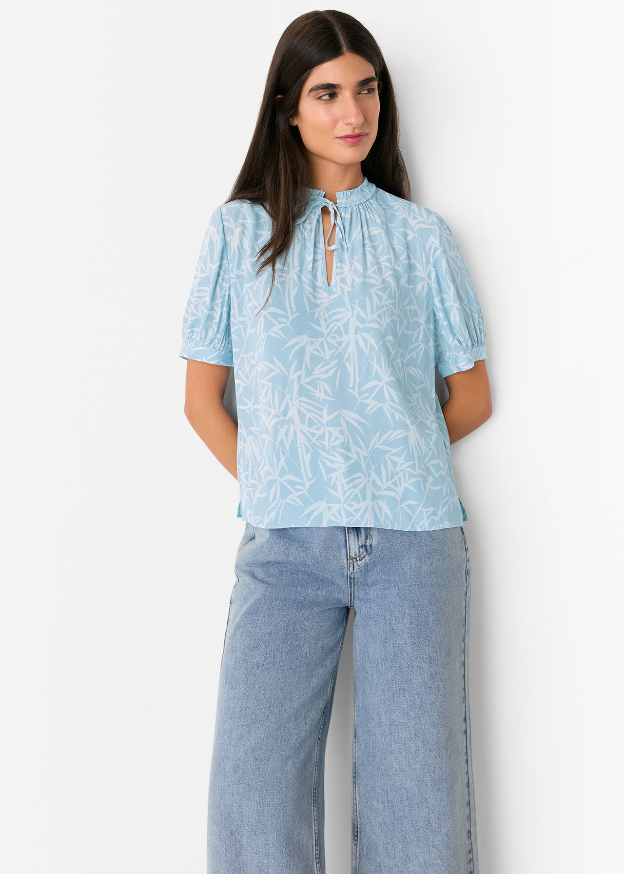 Whistles bamboo Leaves Tie Neck Blouse