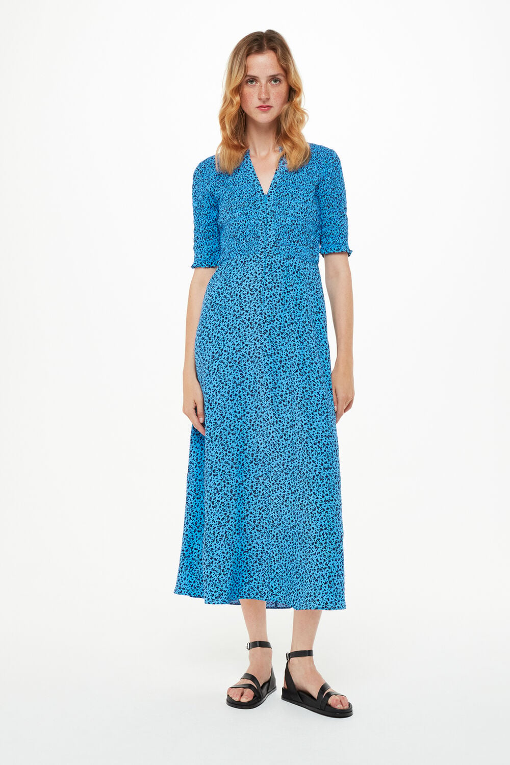 Blue Micro Bouquet Shirred Dress