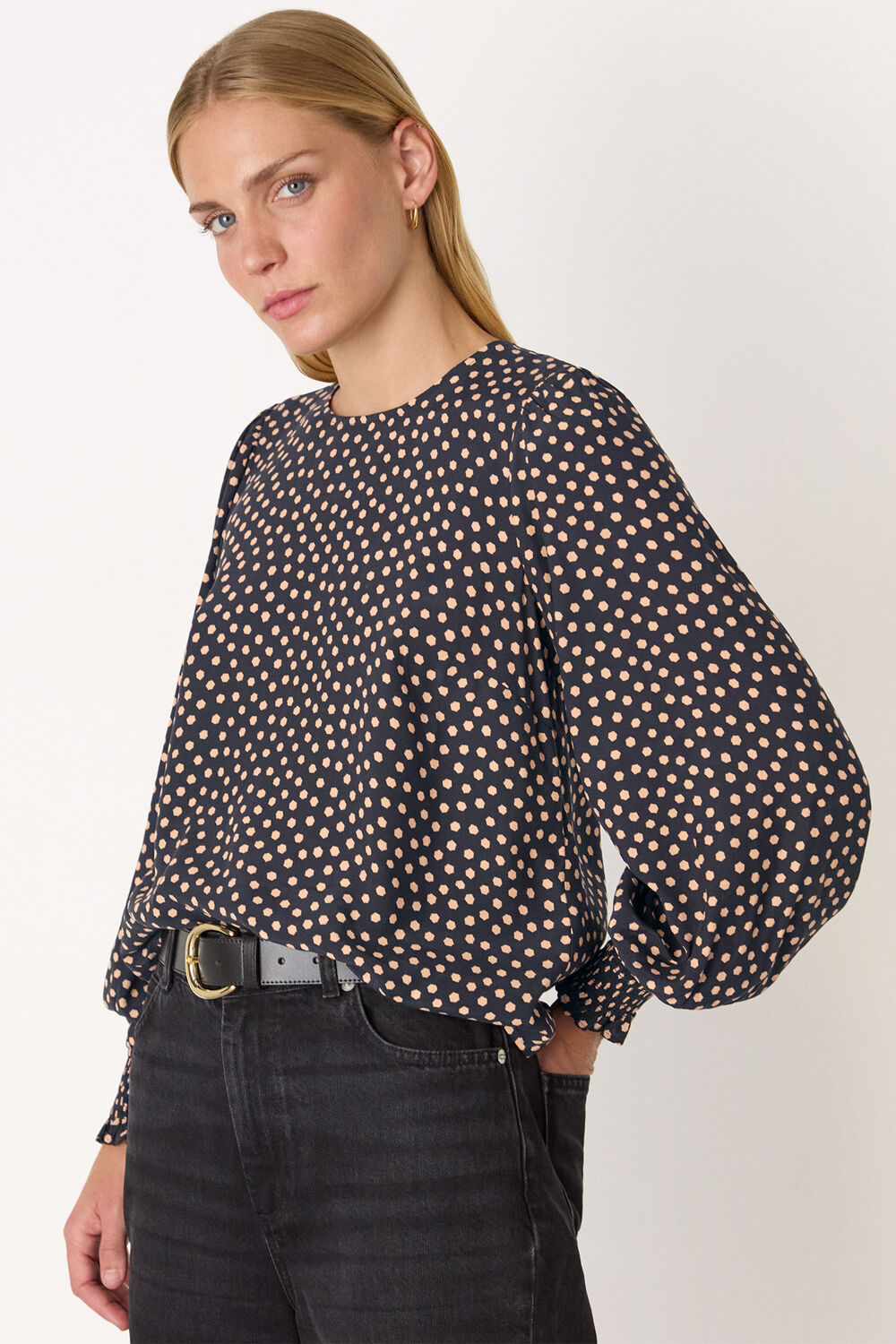 Black Spot Shirred Cuff Blouse