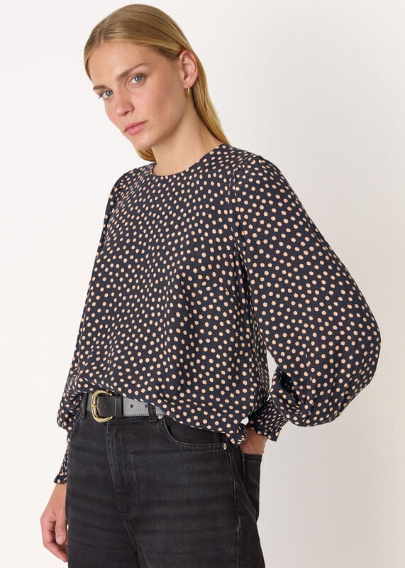Black Spot Shirred Cuff Blouse