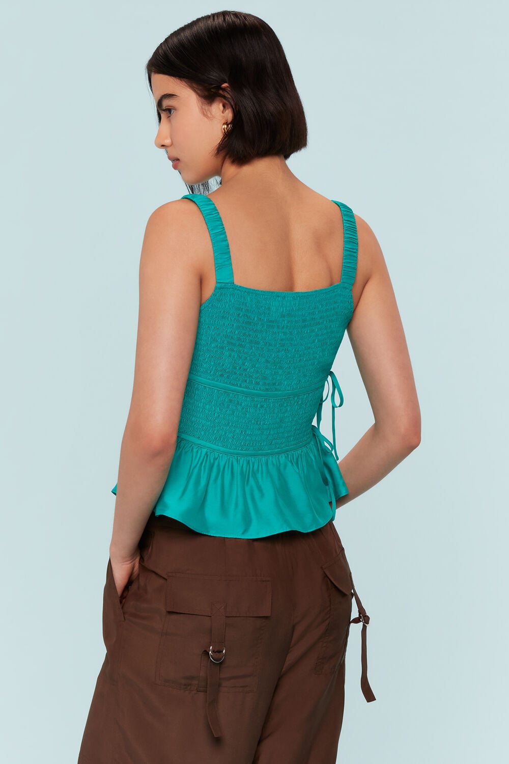 Turquoise Tie Side Shirred Top