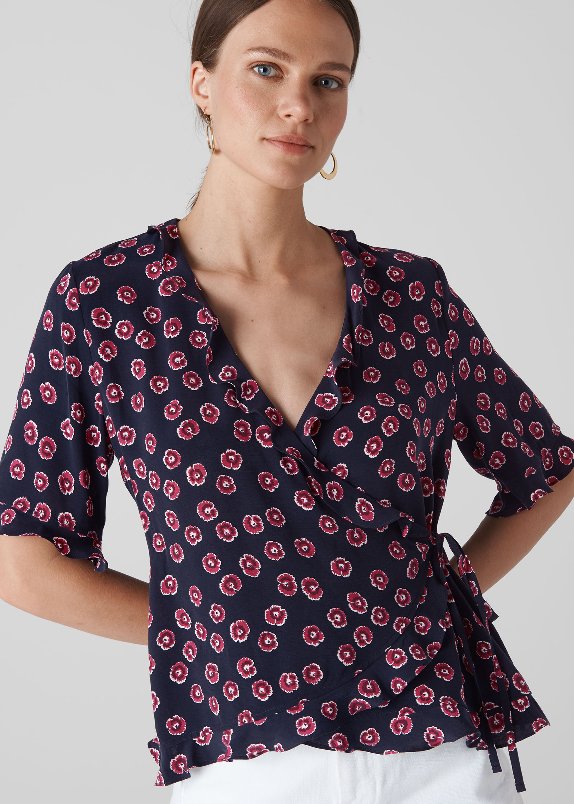 Pink Lenno Print Frill Wrap Top