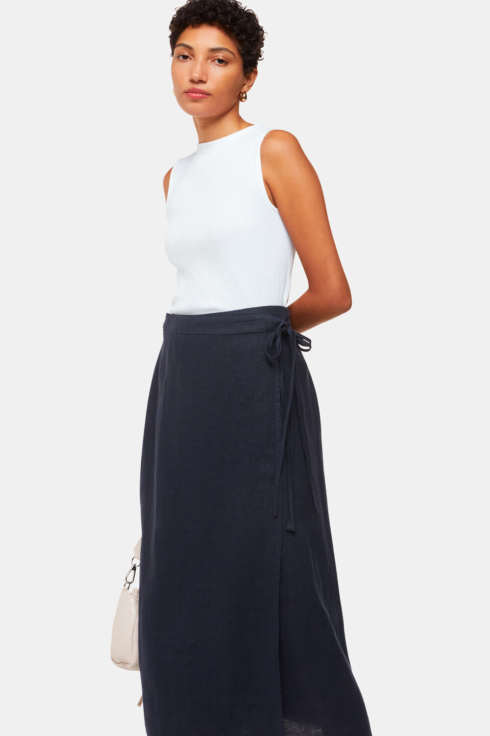 Navy Linen Wrap Midi Skirt