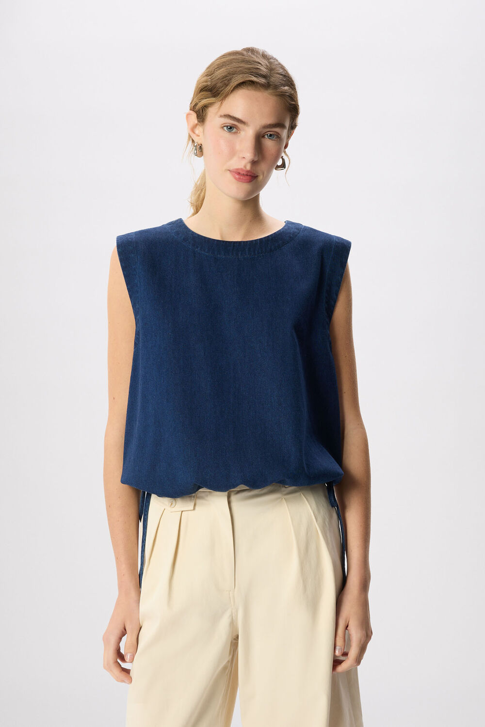 Dark Denim Drawstring Detail Cotton Top