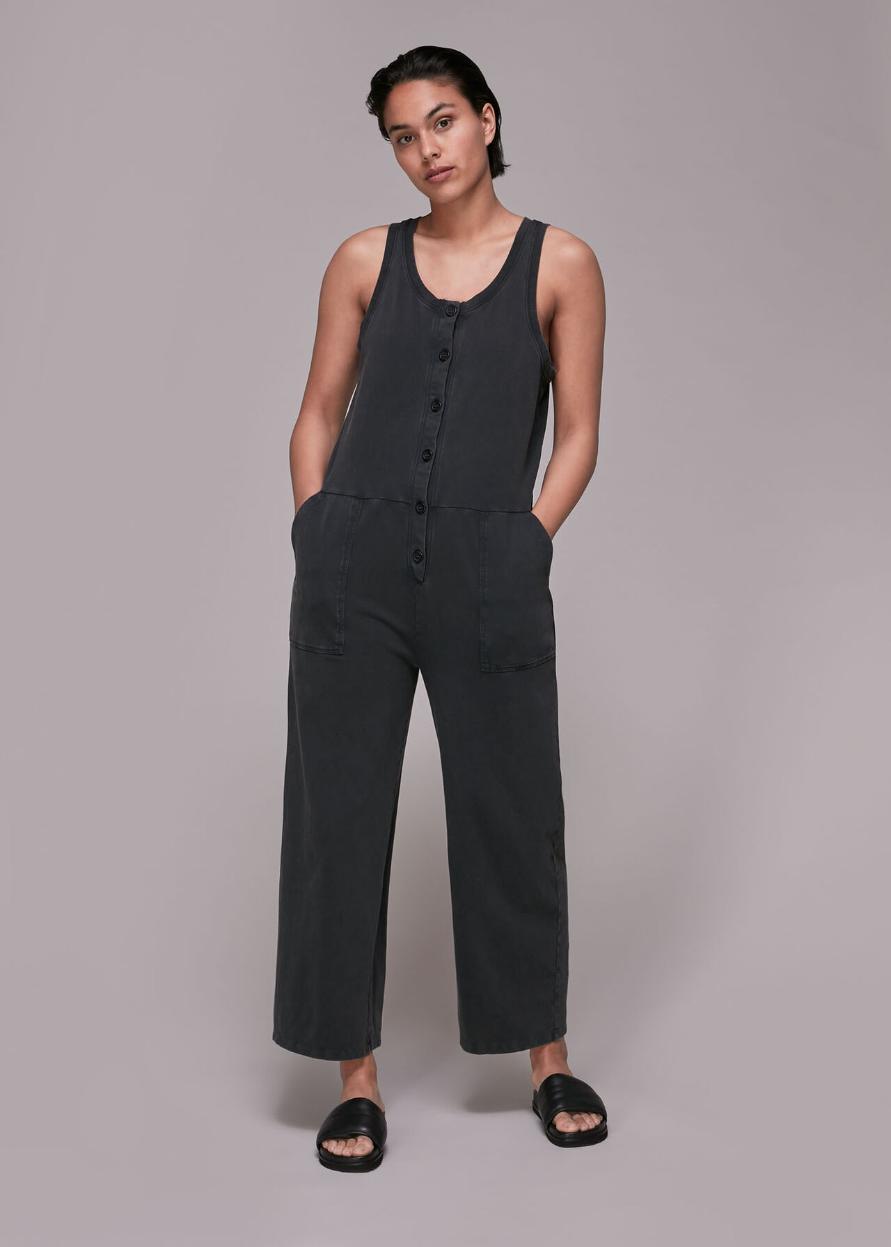 Black Button Down Jumpsuit with Pockets